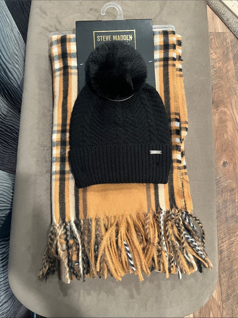 Steve Madden Black Pom Cable Knit Beanie with Mustard Plaid Scarf